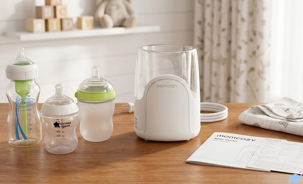 Momcozy NightPro Bottle Warmer on a kitchen counter with baby bottles manual and quick start guide