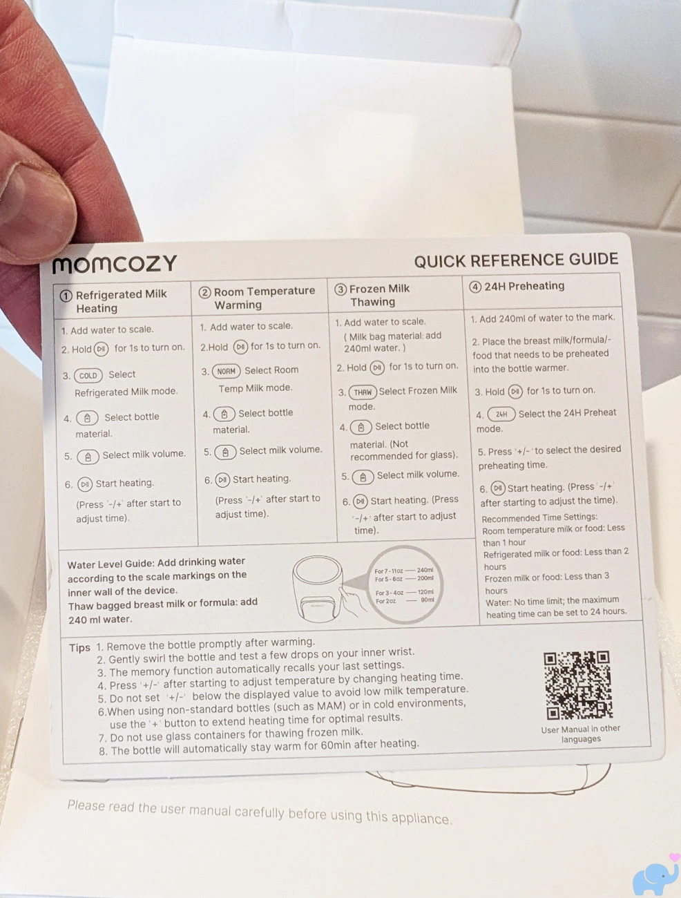 Momcozy NightPro Baby Bottle Warmer quick start guide close up