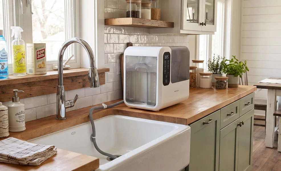 Momcozy DeepClean Baby Bottle Washer D8 set up on a kitchen counter cleaning bottles