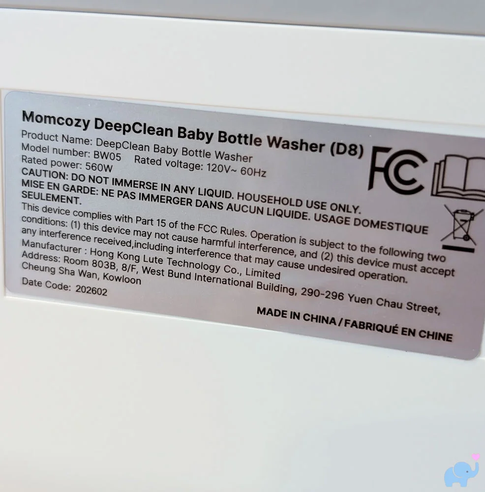 Product label on the Momcozy DeepClean Baby Bottle Washer D8 showing power details and model information