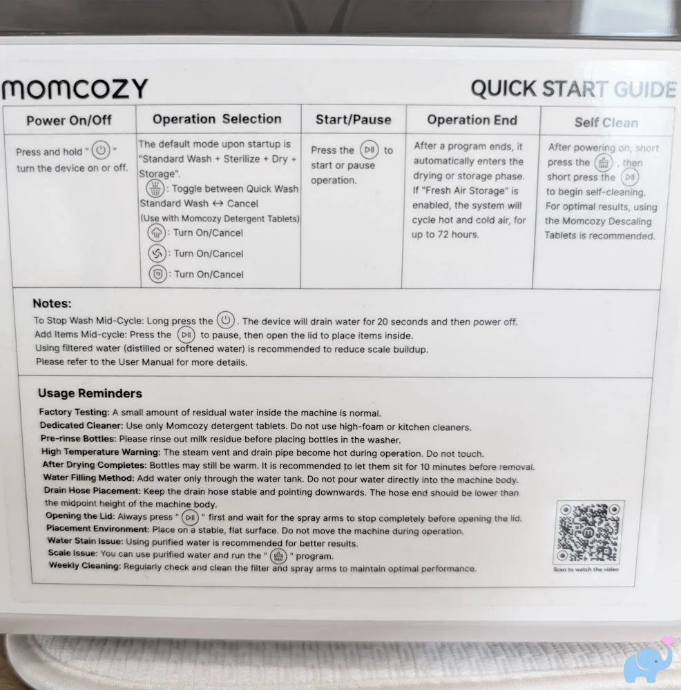 Quick start guide sticker on the side of the Momcozy DeepClean Baby Bottle Washer D8