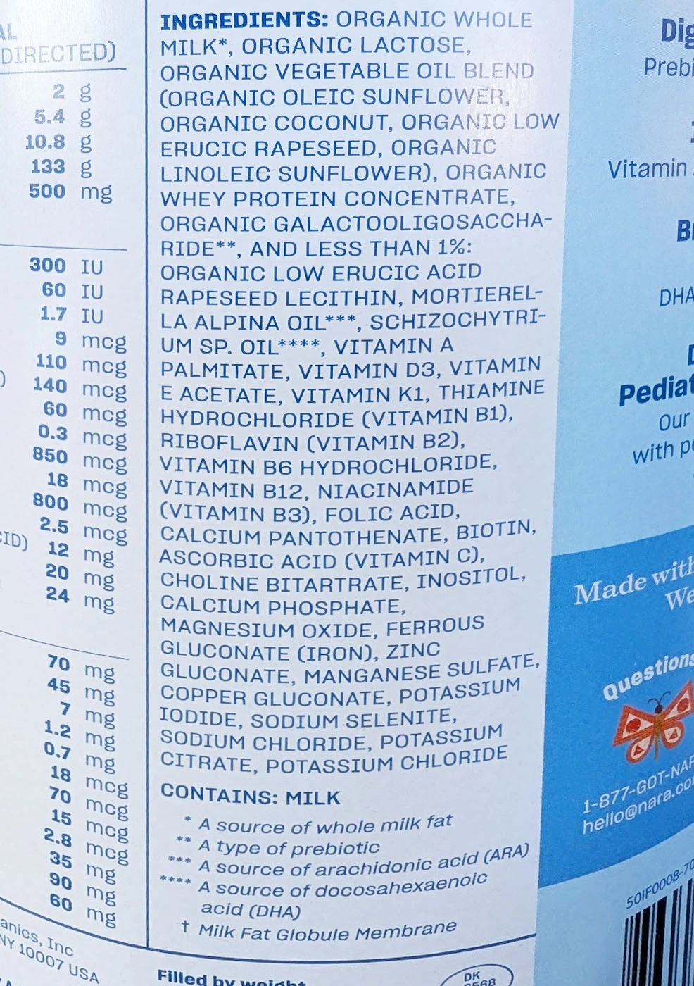 close-up of the Nara Organics formula ingredients list printed on the label