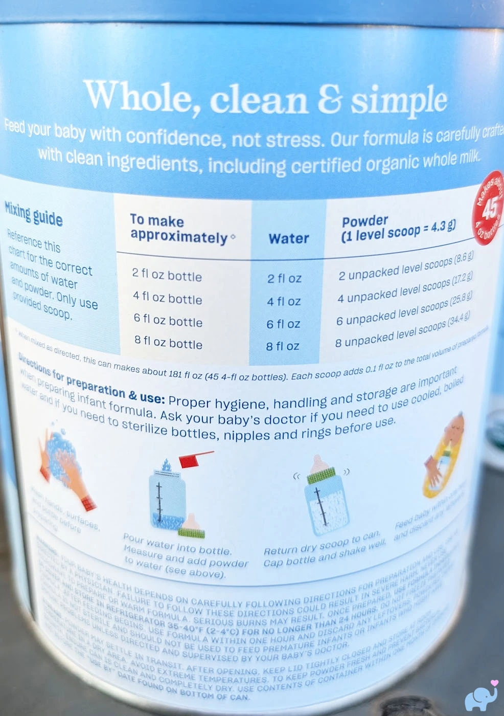 close-up of the preparation instructions label showing how much water and formula to use for 2, 4, 6, and 8 ounce bottles