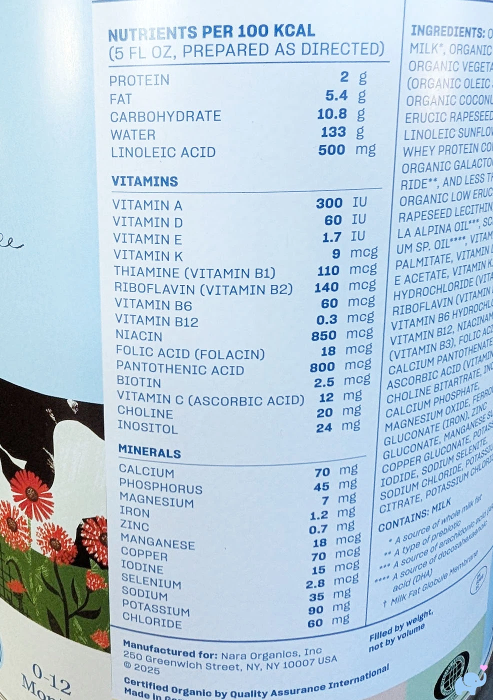 close-up of the Nara Organics formula nutrition label showing nutrients per 100 calories