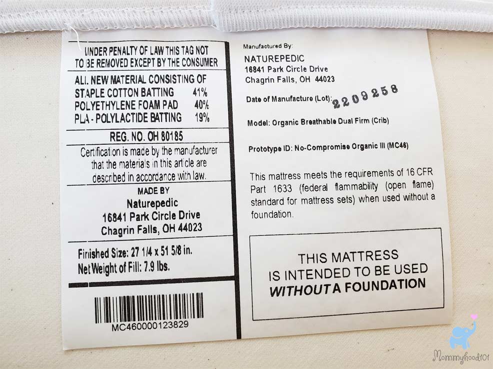 naturepedic crib mattress label