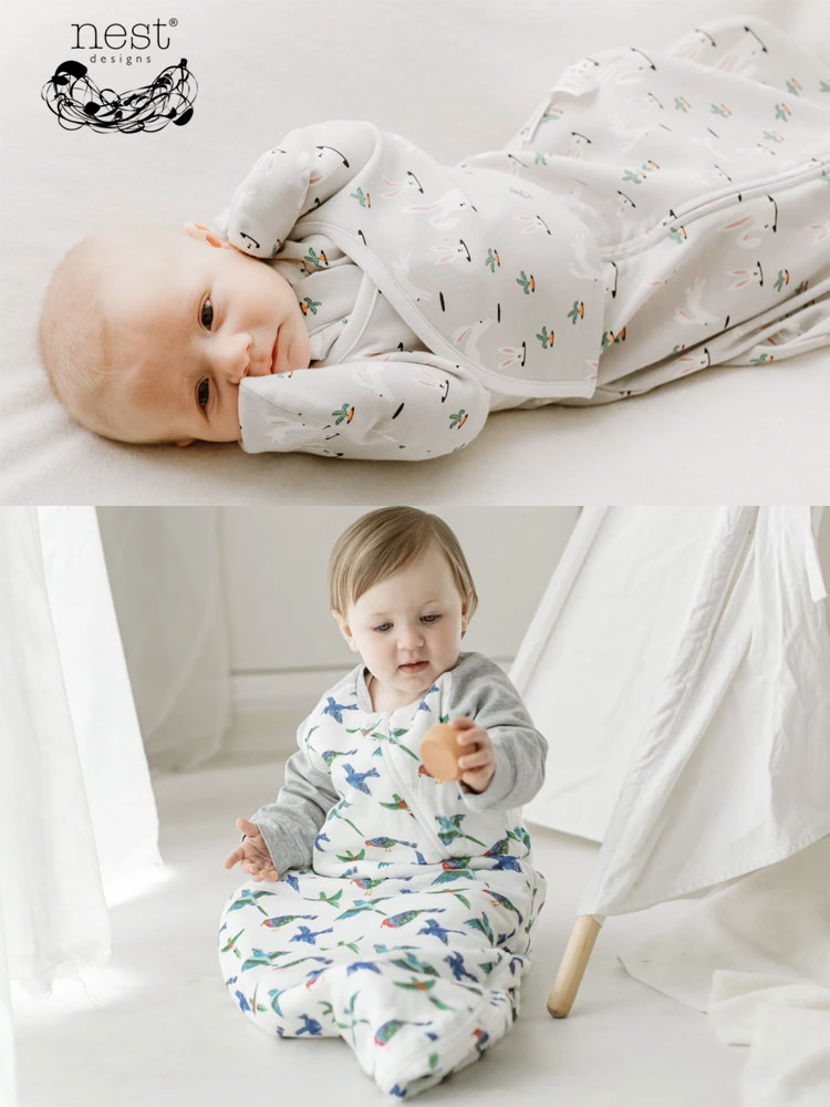 a baby and toddle wearing nest designs swaddles and sleep sacks