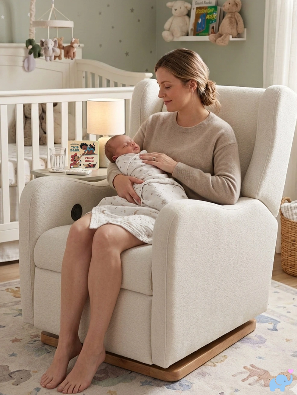 Mom sitting in Drift glider upright rocking baby in nursery