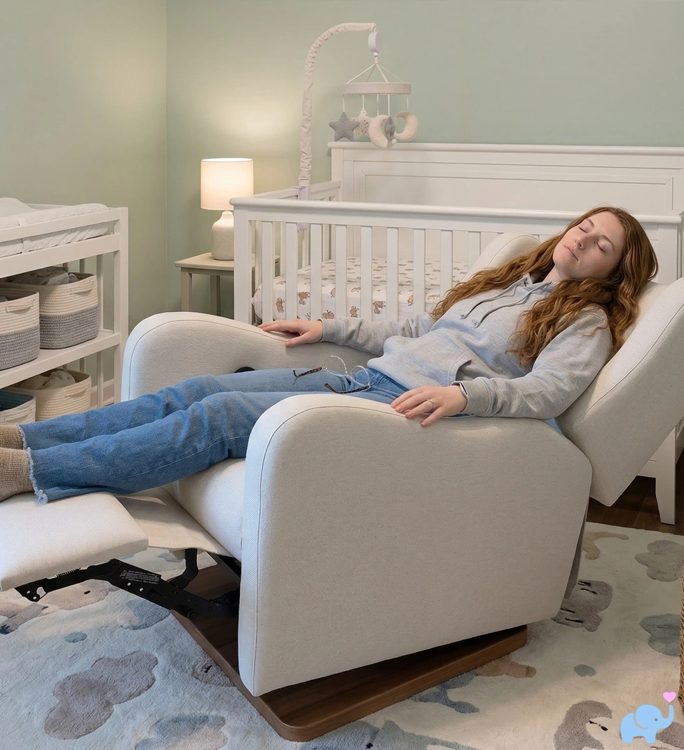 Mom sleeping reclined in Drift glider chair in nursery