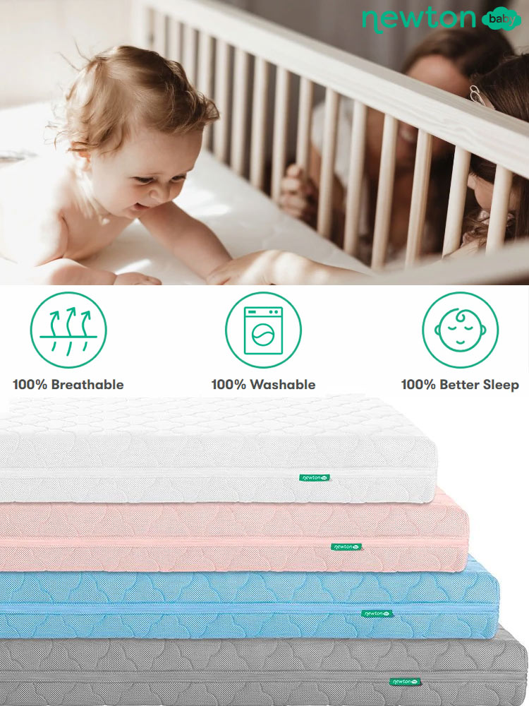newton crib mattress with baby on top and some highlighted features and lower area showing different color options