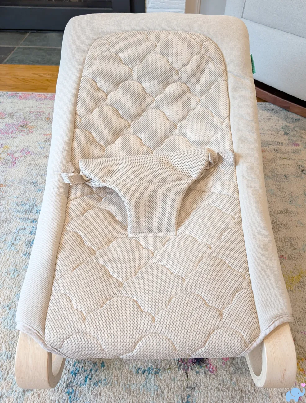 fully assembled Newton Baby Rocker with breathable fabric seat and curved wooden frame