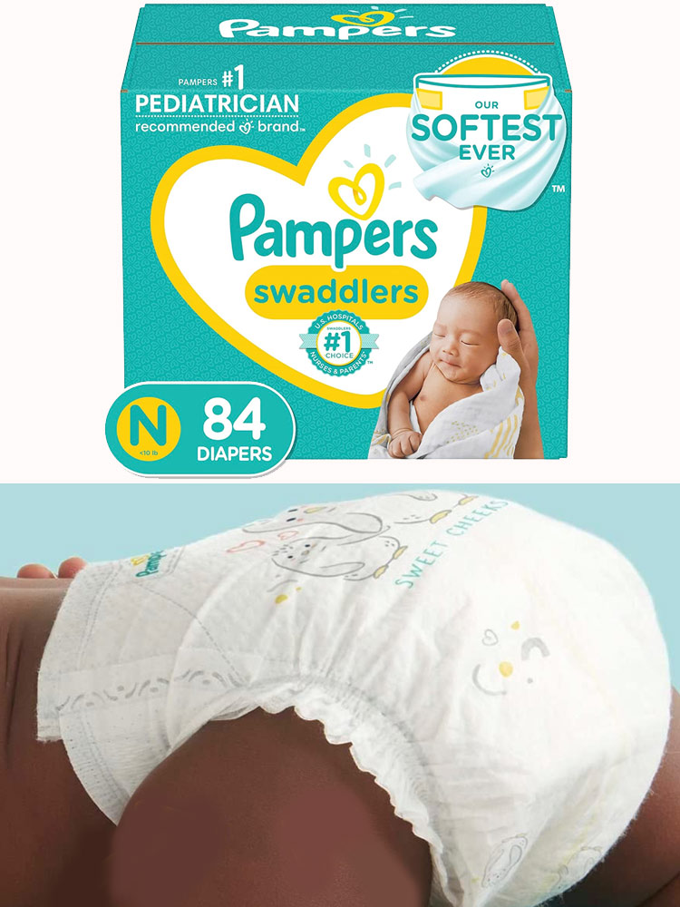 a box of pampers swaddlers diapers and a baby wearing the diaper