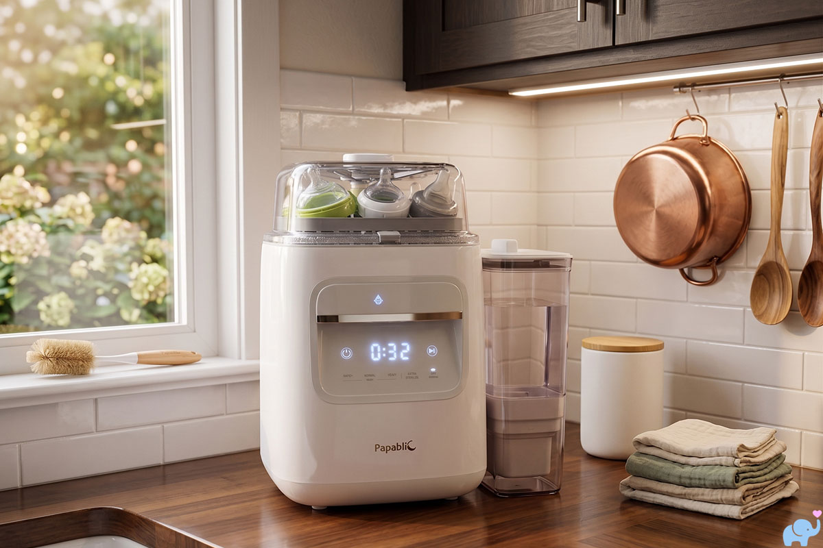 papablic safeguardplus baby bottle washer on kitchen counter