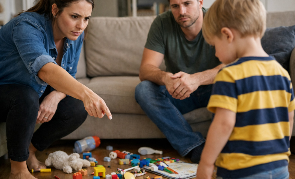 authoritative parenting style with toddler who made mess and parents telling him to clean it up before starting another game
