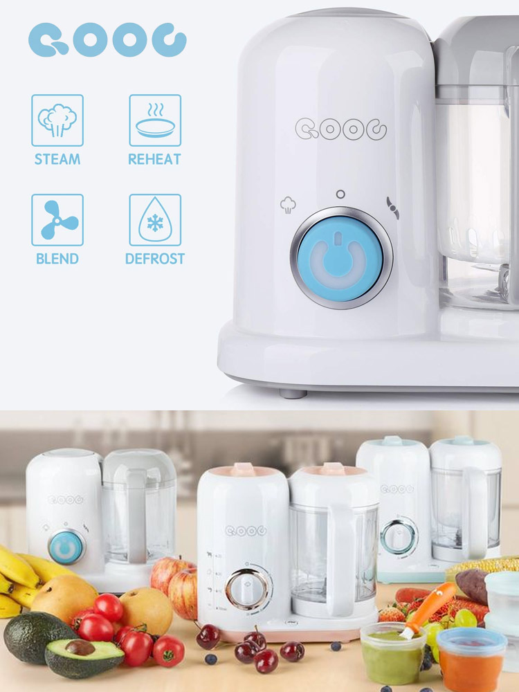 the qooc baby food maker in assorted colors alongside fruits and vegetables