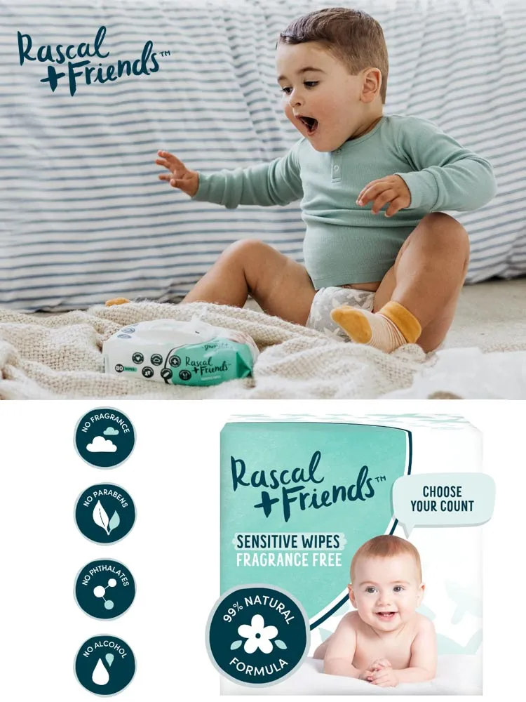 a baby sitting down and looking at a package of rascal and friends sensitive baby wipes alongside a list of basic features of the wipes