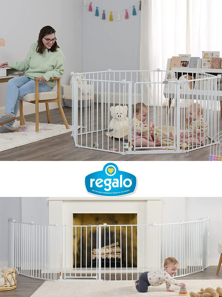 mother sitting at a desk and looking at a baby playing behind a regalo 192 inch super wide baby gate