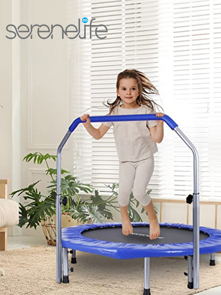 young girl jumping on a serenelife kids trampoline