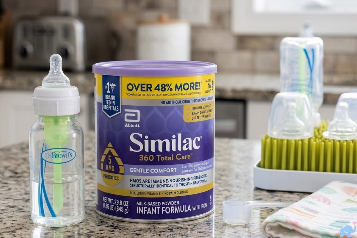 a tin of similac 360 total care baby formula on kitchen counter during testing