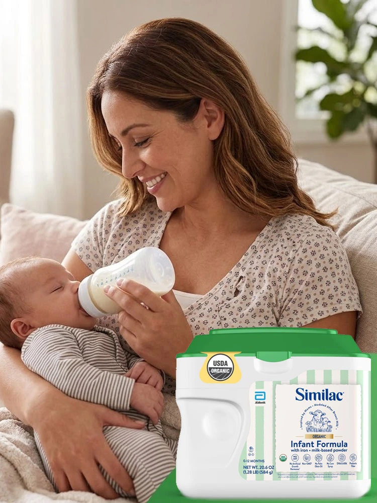 a tub of similac organic infant formula with a mom bottle feeding a baby in a nursery chair
