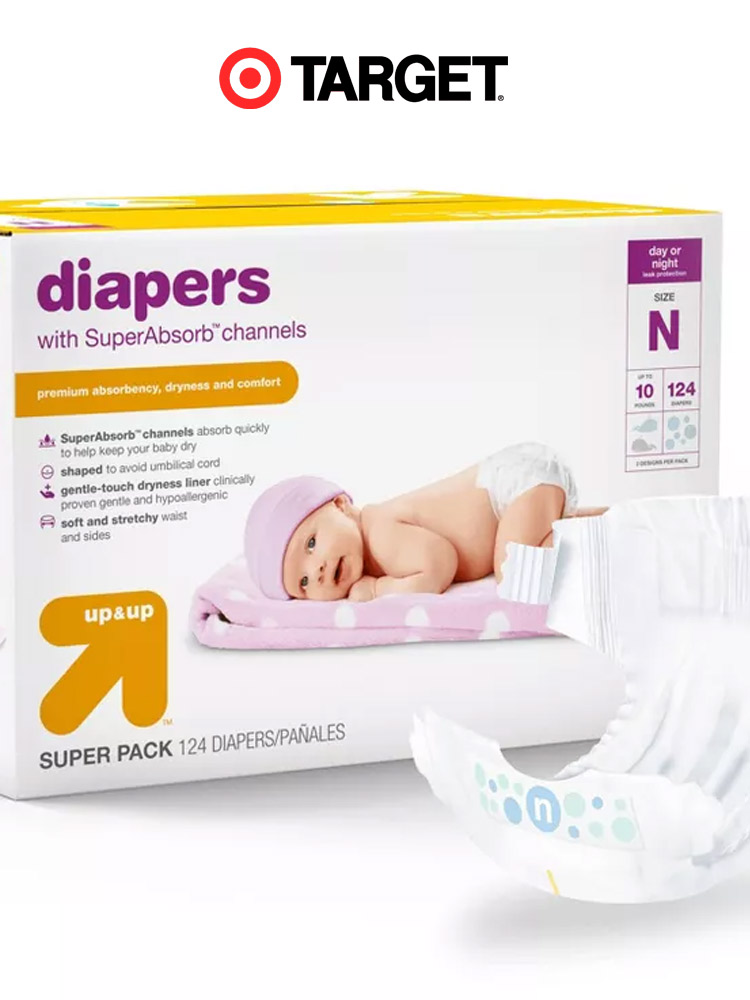 a box of the target up and up diapers alongside a diaper