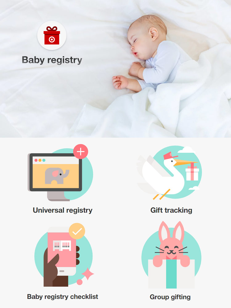 a sleeping baby and assorted features of the target baby registry