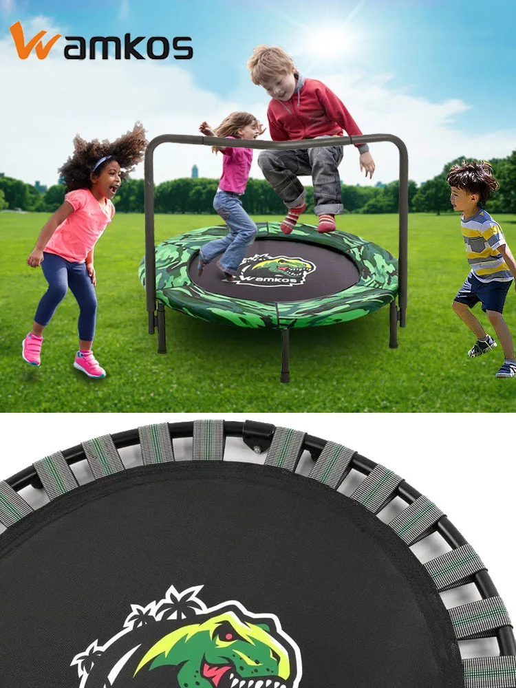 kids playing on the Wamkos dinosaur mini trampoline outdoors