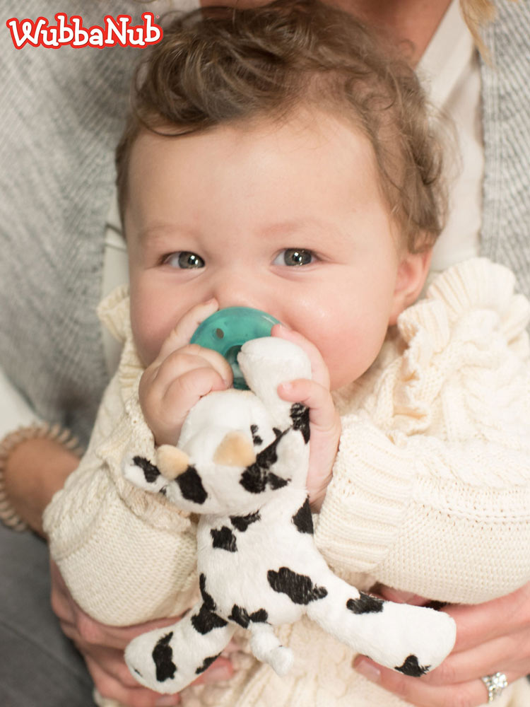 a baby boy holding a wubbanub pacifier and animal