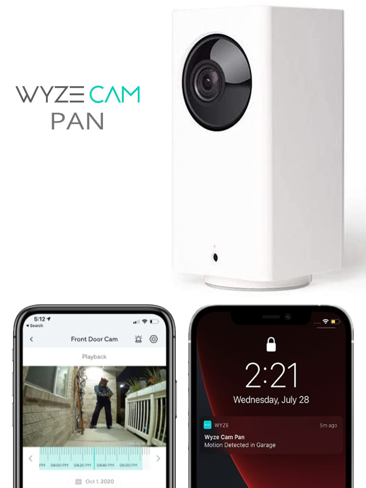 wyze cam v3 baby monitor and two phones showing video images and alerts from the wyze cam app